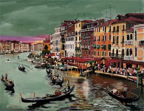 A Beautiful Evening in Italy, 2025, acrylic painting of gondolas on a Venetian canal lined with ochre and rose-coloured palazzi.