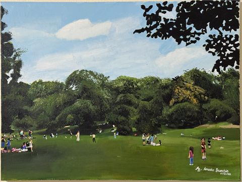 Beautiful Summer Day, 2020, painting of a wide green park lawn with figures walking beneath a canopy of dark trees.
