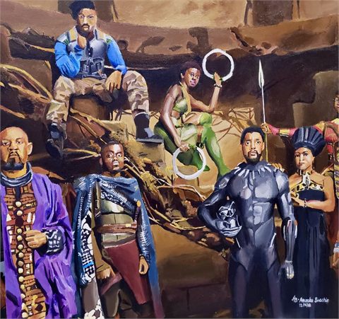 Cast of Black Panther, 2018, a group portrait of costumed figures arranged across a warm ochre rock background.