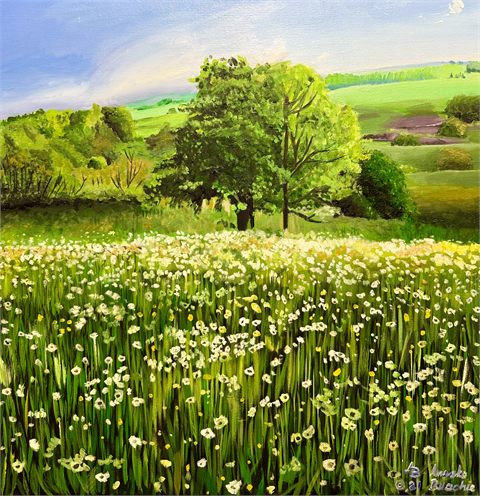 Dandelion Field of a Thousand Suns, 2021, painting of a single tree in a meadow filled with white daisies under a pale sky.
