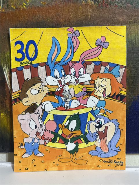 A coloured pencil drawing of a crowd of cartoon characters gathered around a large numeral 30.