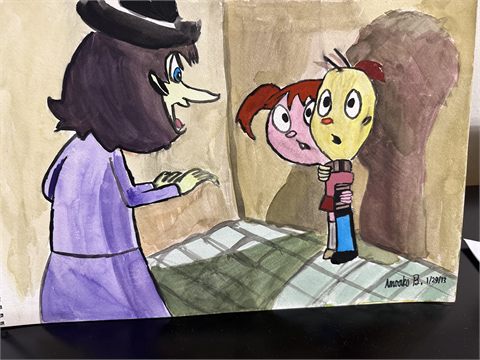 A coloured pencil drawing of two cartoon characters facing one another across a chequered floor in a doorway.
