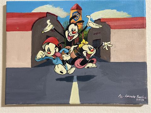 A painting of a group of cartoon characters running down a grey road towards a red water tower.