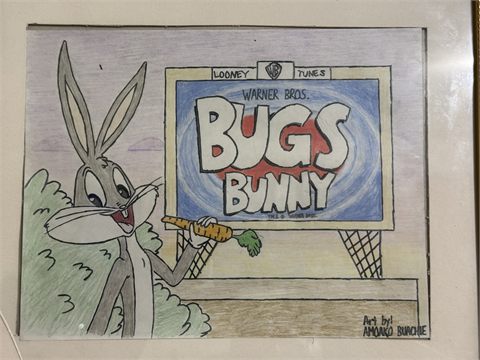 A coloured pencil drawing of a cartoon rabbit standing beside a large billboard bearing its name.