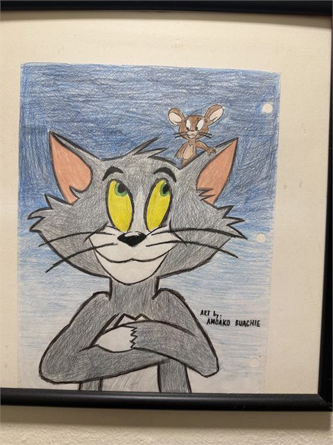 A framed coloured pencil drawing of a grey cartoon cat with folded arms and a small brown mouse perched on its head.