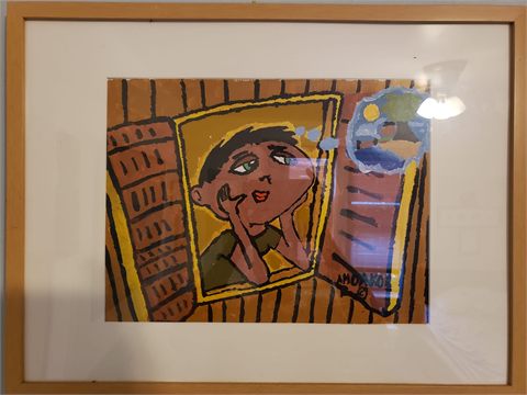 A framed painting of a stylised figure leaning from the window of an ochre brick building.