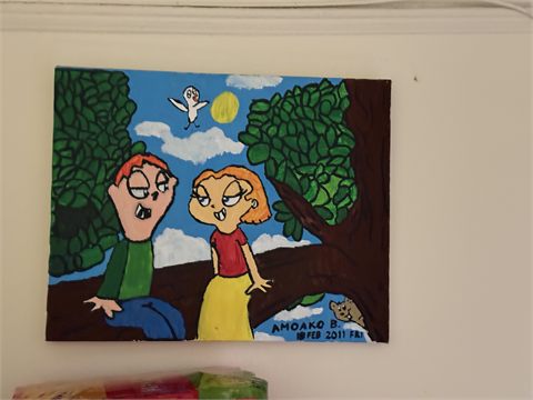 A painting of two cartoon figures standing under a broad green tree against a blue sky.