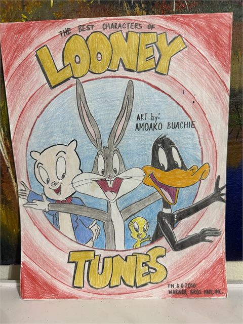A hand-drawn coloured pencil copy of a cartoon title card, with block lettering and characters inside a red and pink ring.