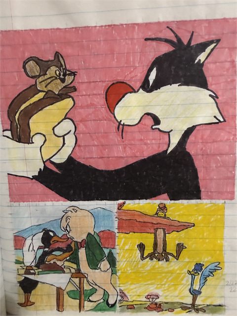 A coloured pencil drawing on lined paper of cartoon characters: a cat and mouse scene above, a desert chase below.