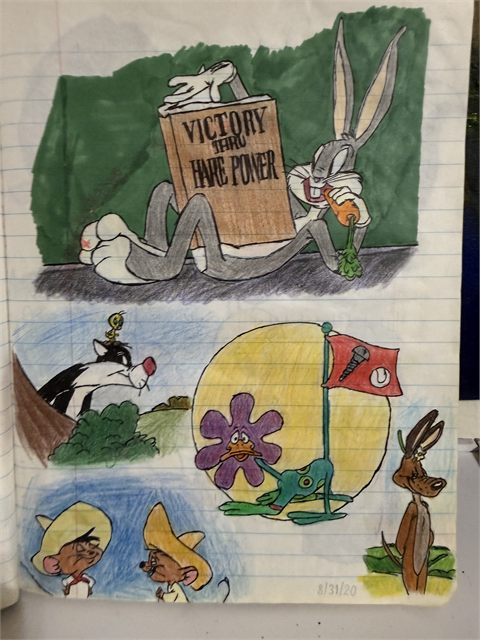 A coloured pencil drawing on lined paper of cartoon characters gathered around a hand-lettered sign, among them a rabbit, a black cat and a bird.