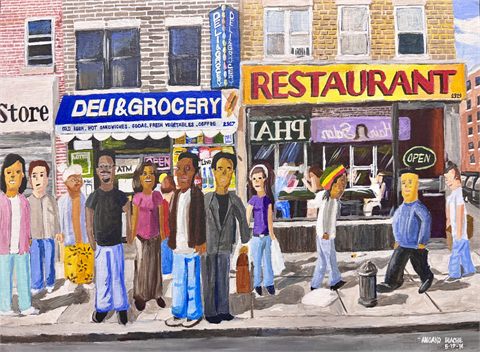 Flatbush Junction, 2014, acrylic painting of a Brooklyn street corner with a deli, a restaurant awning and a crowd of pedestrians on the sidewalk.