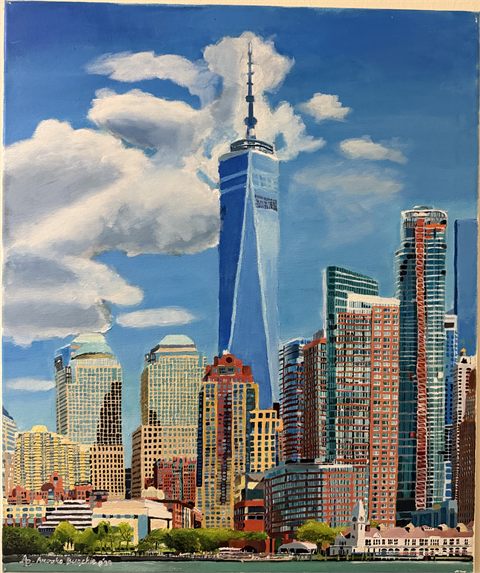 Freedom Tower, 2020, acrylic painting of One World Trade Center rising above the Lower Manhattan skyline under a blue sky with clouds.