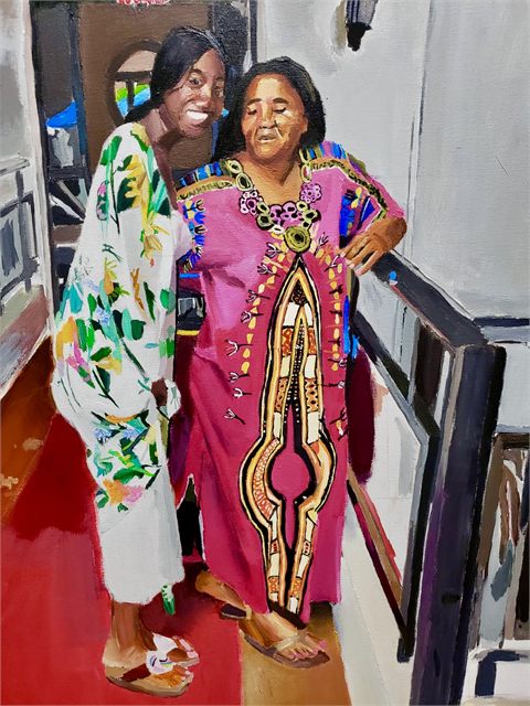 Ghana Auntie, 2018, a painting of two women in patterned Ghanaian dress standing together on a stoop.