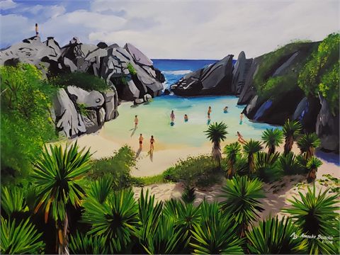 Holiday Beach, 2018, painting of a curved bay with dark boulders, agave plants and swimmers in bright turquoise water.