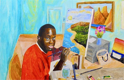 My Happy Place, 2014, a self-portrait of the artist in a red shirt painting a landscape at an easel in a bright turquoise room.