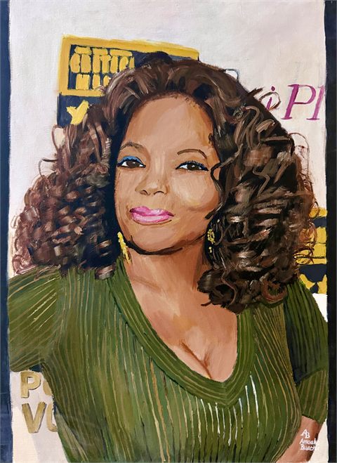 Oprah, 2016, a painted portrait of a smiling woman with long curled hair in an olive-green top.