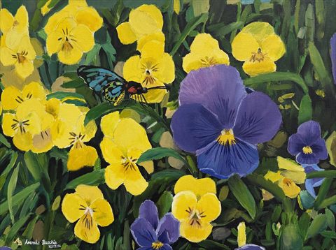 Pansies, 2016, acrylic painting of yellow and deep purple pansies crowded together, with a blue butterfly resting on one of the yellow blooms.