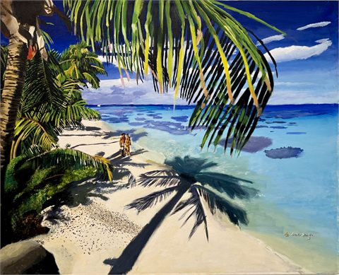 Sanctuary Beach, 2017, acrylic painting of a sunlit beach seen beneath overhanging palm fronds, with pale sand, a bright turquoise sea and small figures at the water&rsquo;s edge.