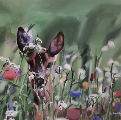 Scenes of Nature, 2021, acrylic painting of a deer standing among tall wildflowers in soft grey-green light.