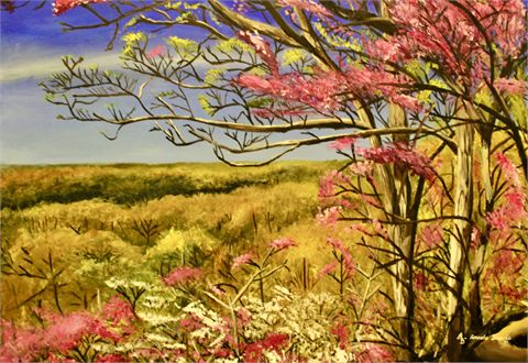 Spring Time, 2017, acrylic painting of pink and white blossoming trees above a field of ochre grass under a bright blue sky.