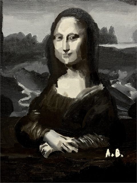 A monochrome painted study after Leonardo da Vinci&rsquo;s Mona Lisa, signed with the artist&rsquo;s initials.