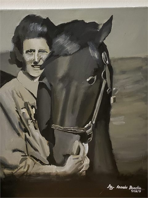 Temple II, 2019, a black and white painted portrait of Dr. Temple Grandin standing cheek to cheek with a horse.