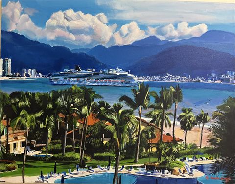 The Cruise Ship, 2022, acrylic painting of a mountain-ringed harbour with palm trees, red-roofed houses and a white cruise ship at anchor.
