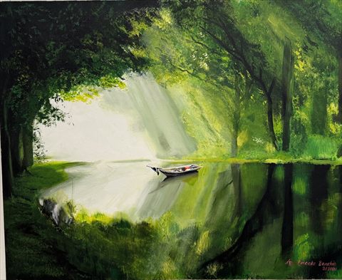 The Green River, 2012, acrylic painting of a small boat on still water inside a dark tunnel of overhanging green foliage, with light breaking through at the centre.