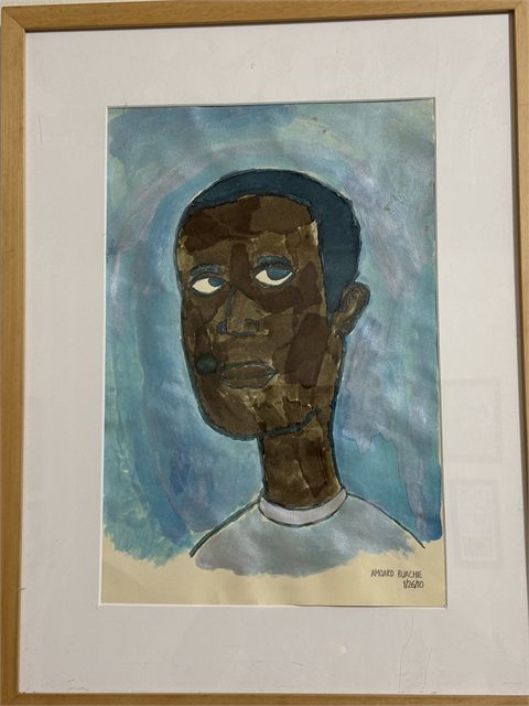 An early matted work on paper: a head-and-shoulders portrait in warm browns against a pale blue ground.