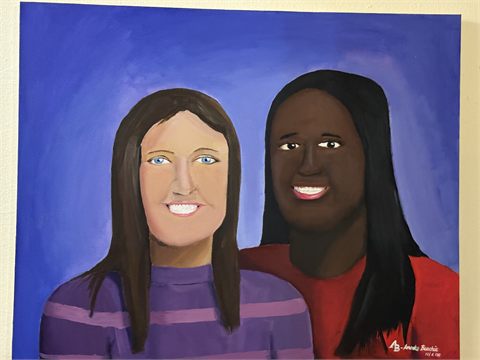 An acrylic double portrait of two women, one in a striped purple sweater and one in red, against a deep blue ground.