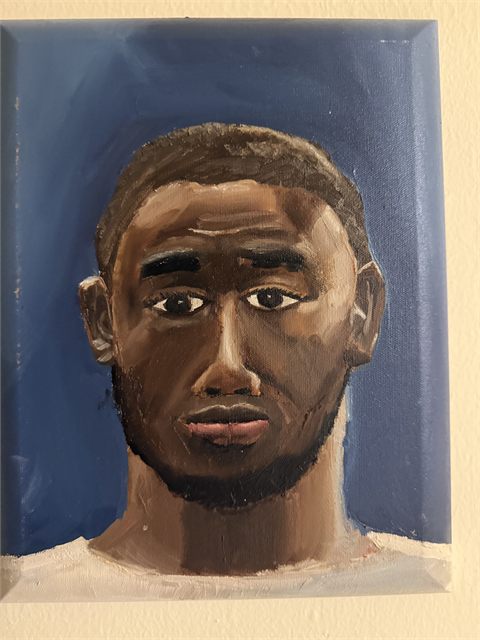 An acrylic head-and-shoulders portrait painted in warm browns against a blue and white ground.