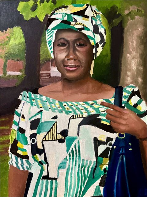 An acrylic portrait of a woman in a green and white patterned dress and matching head wrap, holding one hand to her chest.