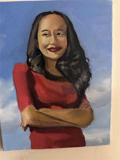 An acrylic portrait of a woman in a deep red top with her arms folded, against a pale blue sky.