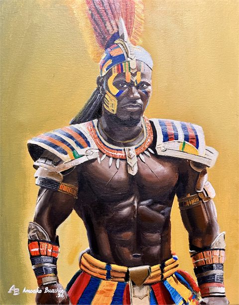 Warrior, 2026, a painting of a standing figure in beaded armour and a tall feathered headdress against a golden ground.