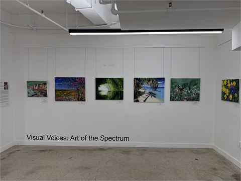 A gallery wall at Positive Exposure hung with four landscape paintings beneath vinyl lettering reading Visual Voices: Art of the Spectrum.